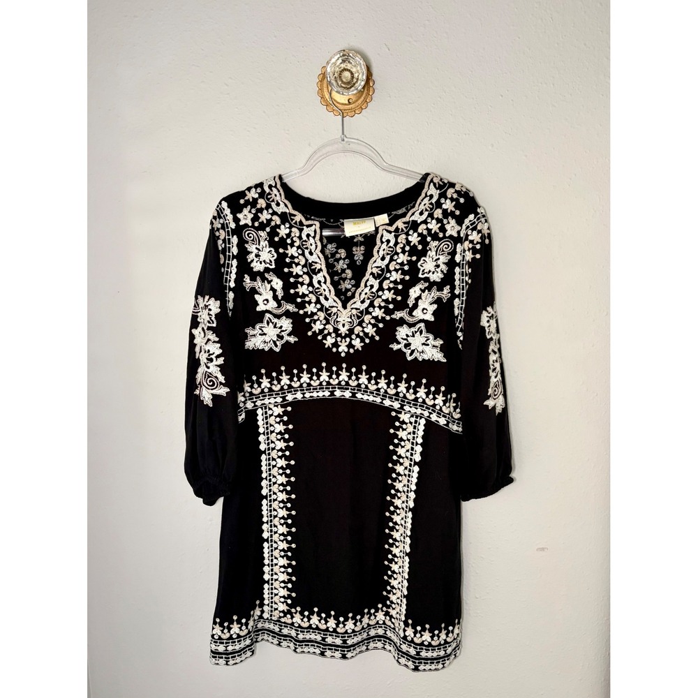 Maeve Anthropologie Black White Embroidered Tunic Dress Split Neck Womens 10